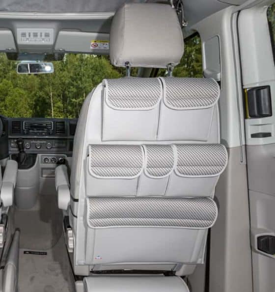 Utility storage solution for backrest driver / front passenger seat, VW T6 / T5 California Beach, design "Pilion"