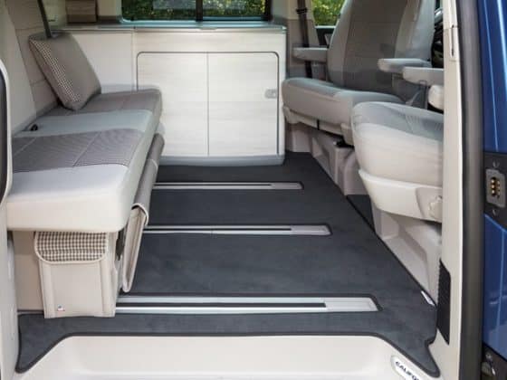 Velor carpet for passenger compartment VW T6 / T5 California (without beach) with 2 floor rails, "Moonrock", velor carpet for VW T6 / T5 California (without beach), passenger compartment with 3 floor rails, "Titanium Black"