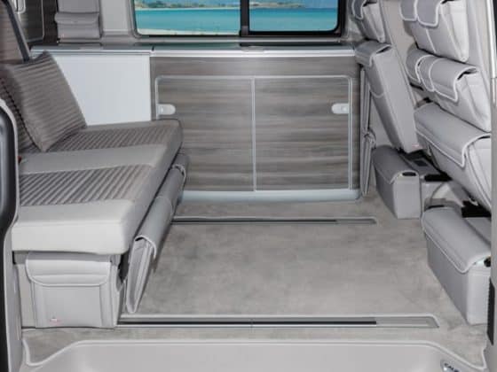 Velor carpet for passenger compartment VW T6 / T5 California (without beach) with 2 floor rails, "Moonrock", velor carpet for VW T6 / T5 California (without beach), passenger compartment with 3 floor rails, "Moonrock"