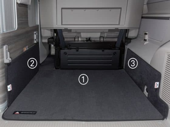 Protective mat for right: Rear cargo area VW T6 / T5 California (without Beach), "Titanium black", protective mat for rear cargo area VW T6 / T5 California (without Beach), "Titanium Black", Product No.:100708595