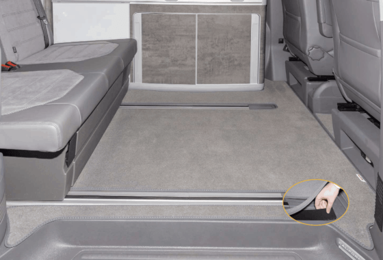 Velor carpet for the passenger compartment of the VW T6.1 California models (without beach) with 2 floor rails in the "Palladium" design