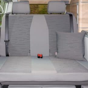 Second Skin protective cover for the 2-seater bench seat / bed in the VW T6.1/T6 California Ocean and Coast with cut-out for Isofix bracket in the "Circuit Palladium" design