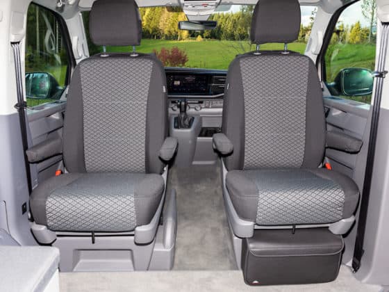 Second Skin protective covers from Brandrup for the cab seats in the VW T6.1 / T6 Multivan & Beach in the "Quadratic" design