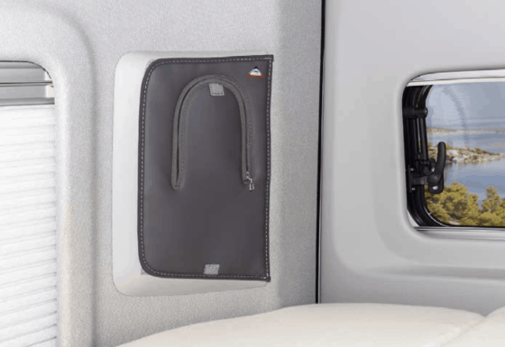 4TOP closure for the storage recesses in the D-pillar above the bed in the VW Grand California 680; Set of 2 for left and right in the design "Leather Palladium"
