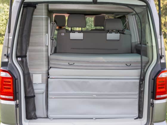 Brandrup iXTEND Allround folding bed for VW T6.1 / T6 / T5 California (without Beach) folded in the design: "Palladium" item number 100709025