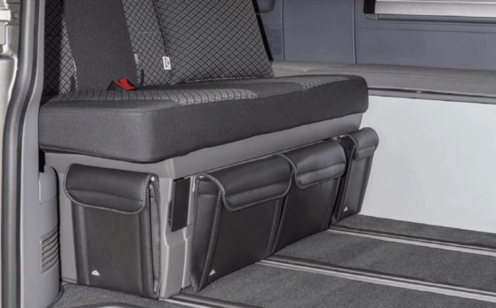 UTILITY bag for the bed box in the VW T6.1 / T6 / T5 California Beach, front left, in the design "leather titanium black"