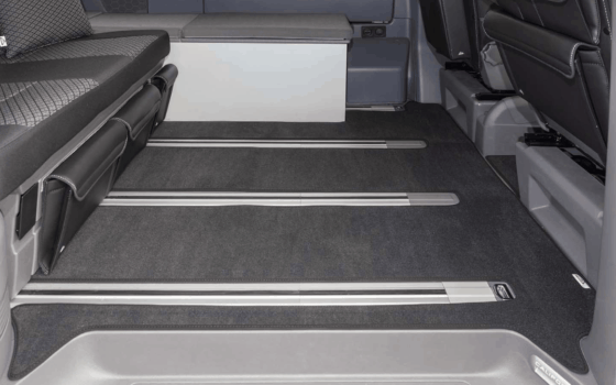 Brandrup carpet (velours) for the passenger compartment of the VW T6.1 California models (without beach) with 3 floor rails in the design "titanium black"