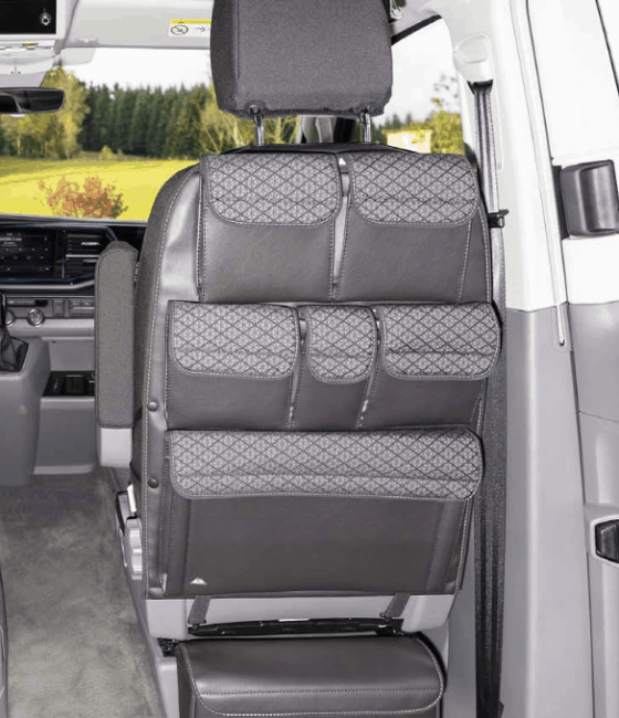 Utility bags for attachment to the back of a seat in the cab of the VW T6.1 / T6 / T5 California Beach and Multivan in the "Quadratic" design