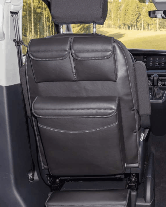 Utility bags with Multibox Maxi for the left cab seat of the VW T6.1 / T6 / T5 California Beach and Multivan in the design "Leather Titanium Black"