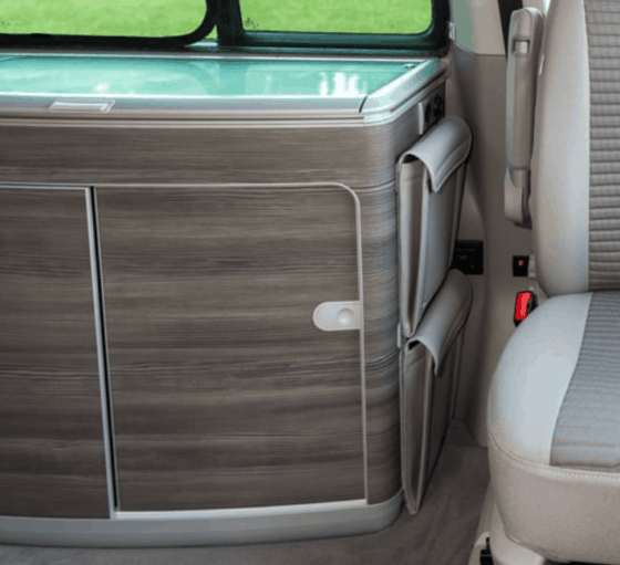 Brandrup utility bag for attachment to the side of the cupboard in the VW T6.1 / T6 / T5 behind the driver's seat in the design "Leather Palladium"