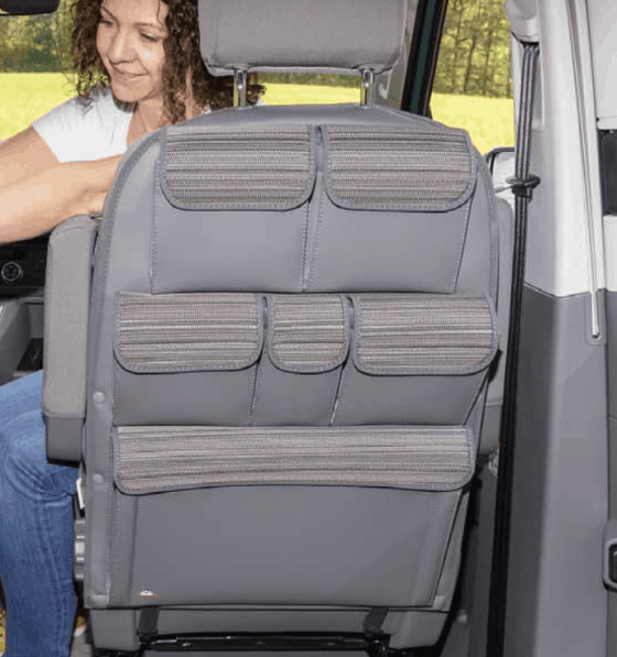 Brandrup Utility bags for attachment to the back of a seat in the cab of the VW T6.1 / T6 / T5 California and Multivan in the design "Mixed Dots"