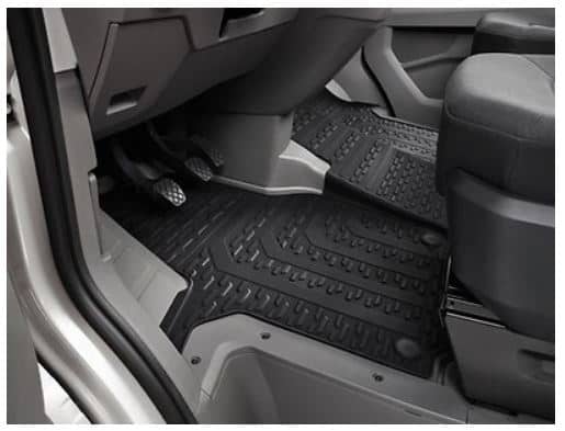 All-weather floor mats for VW Crafter with steering wheel on the left-hand side for the front, two-part in titanium black design with clip fastening