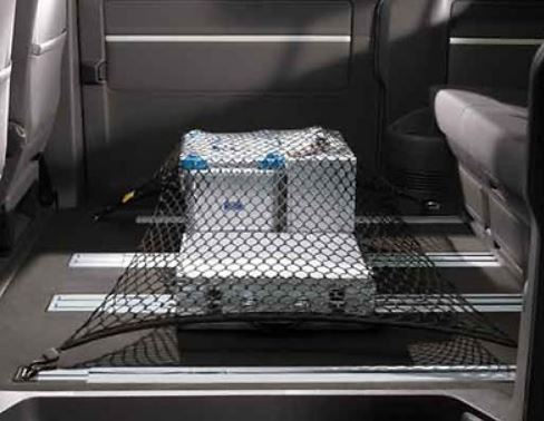 Original VW luggage net for securing loads for VW T5 / T6 / T6.1 with serial VW rail system and lashing eyes
