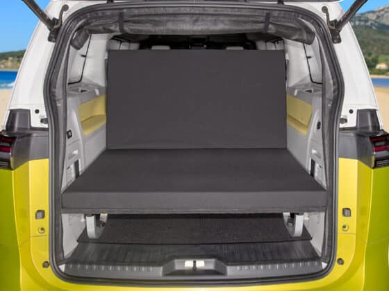 The Brandrup iXtend bed folded up for the VW ID.Buzz in titanium black